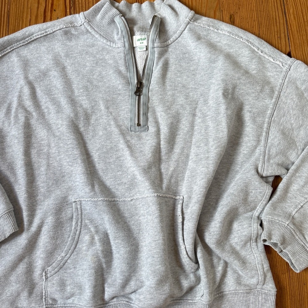 Aerie Quarter Zip Sweatshirt Women Gray Relaxed Pullover Pocket SIZE M - Picture 2 of 6
